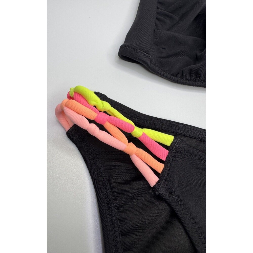 Victoria's Secret Black Hot Pink Orange Yellow NEON Strappy Cheeky Swim Set Med - Picture 7 of 16